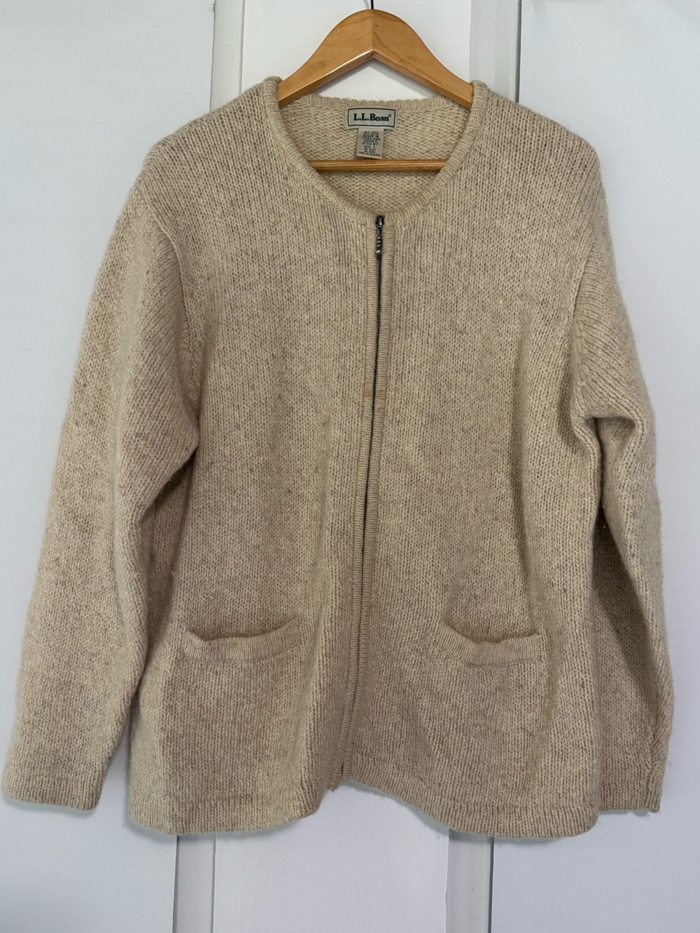 LL Bean Wool Blend Cardigan Jacket Sweater Full Zip Cream  Women's Large